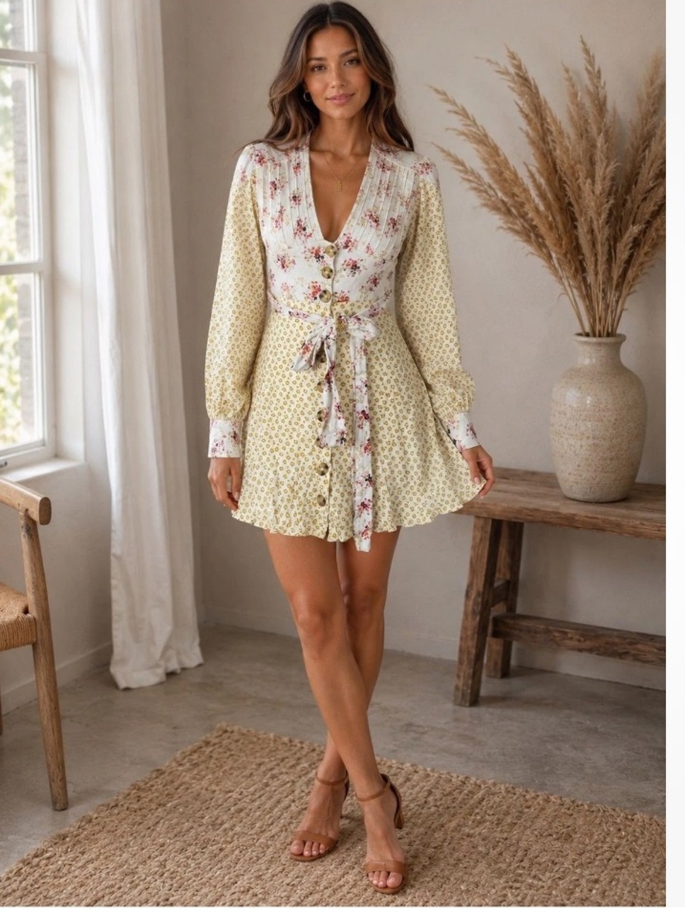 Free People Floral Button Front Wrap tie dress xs